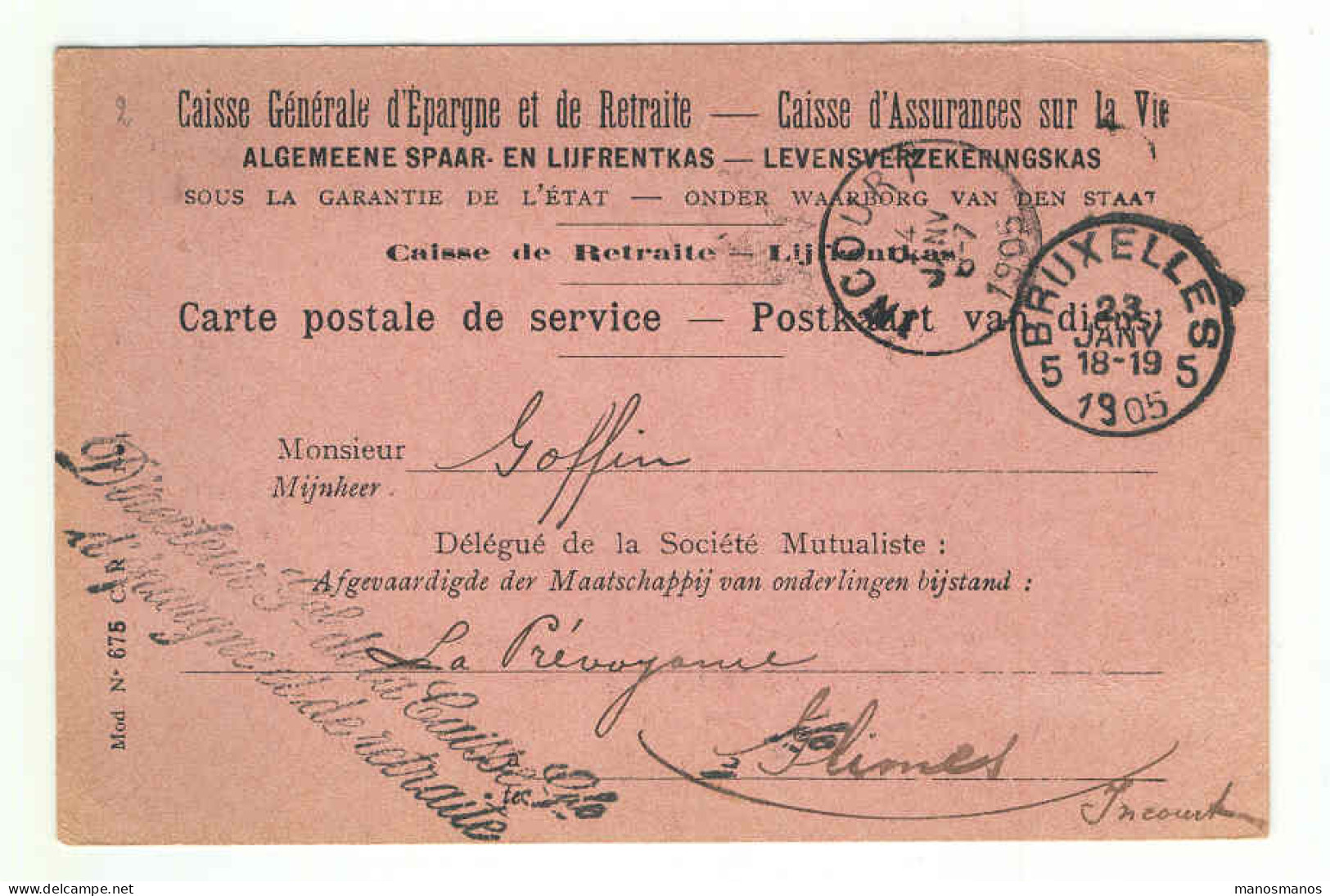 Carte FRANCHISE C.G.E.R. 1905 BXL à INCOURT Adressée à Monsieur GOFFIN à GLINES  --  1533 - Portofreiheit