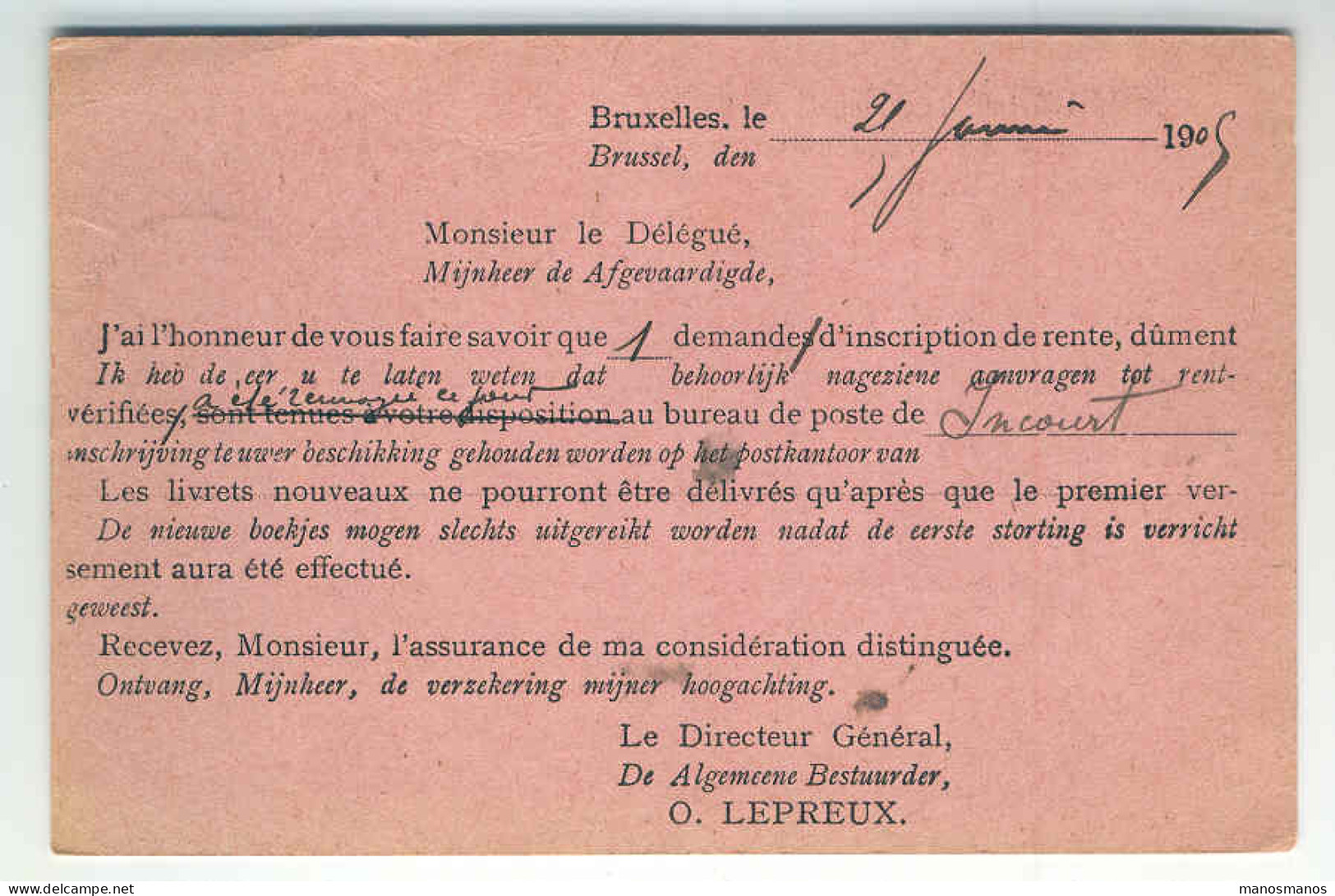 Carte FRANCHISE C.G.E.R. 1905 BXL à INCOURT Adressée à Monsieur GOFFIN à GLINES  --  1533 - Franchise