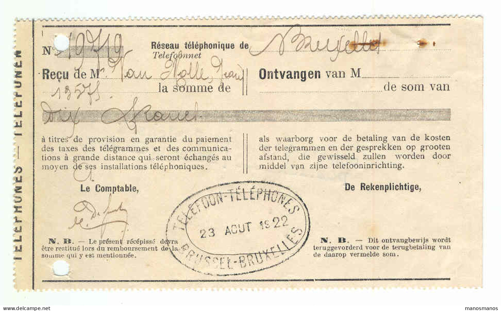 RECU TELEPHONES Cachet Ovale BRUXELLES 1922  --  1522 - Telekommunikation [TE]