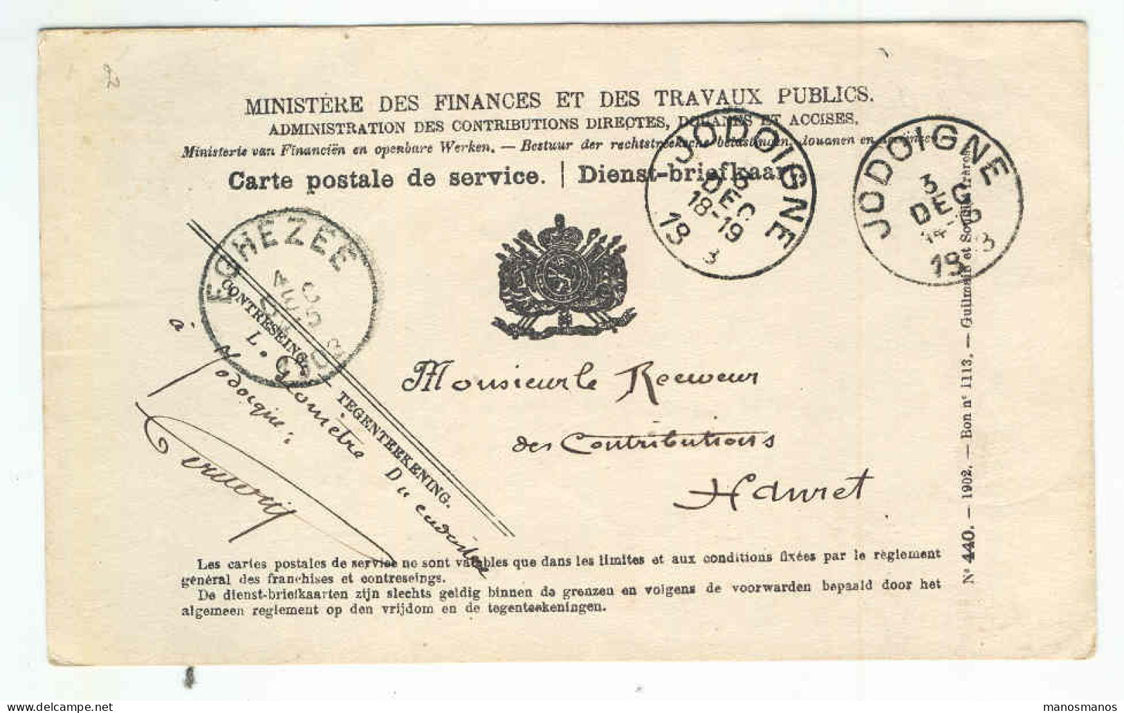 Carte De Service Ministère Finances En FRANCHISE 1903  JODOIGNE à EGHEZEE  --  1527 - Portofreiheit