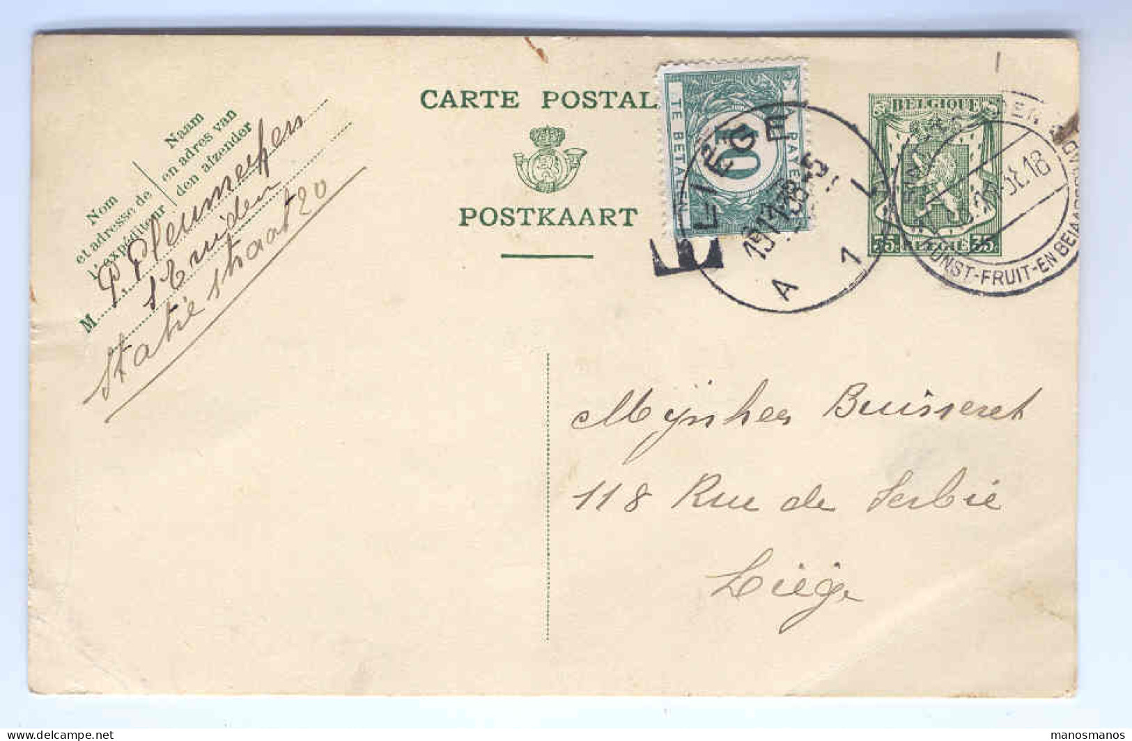 Entier Sceau Etat St TROND à LIEGE 1938 Taxé 10c --  1313 - Cartes Postales 1934-1951