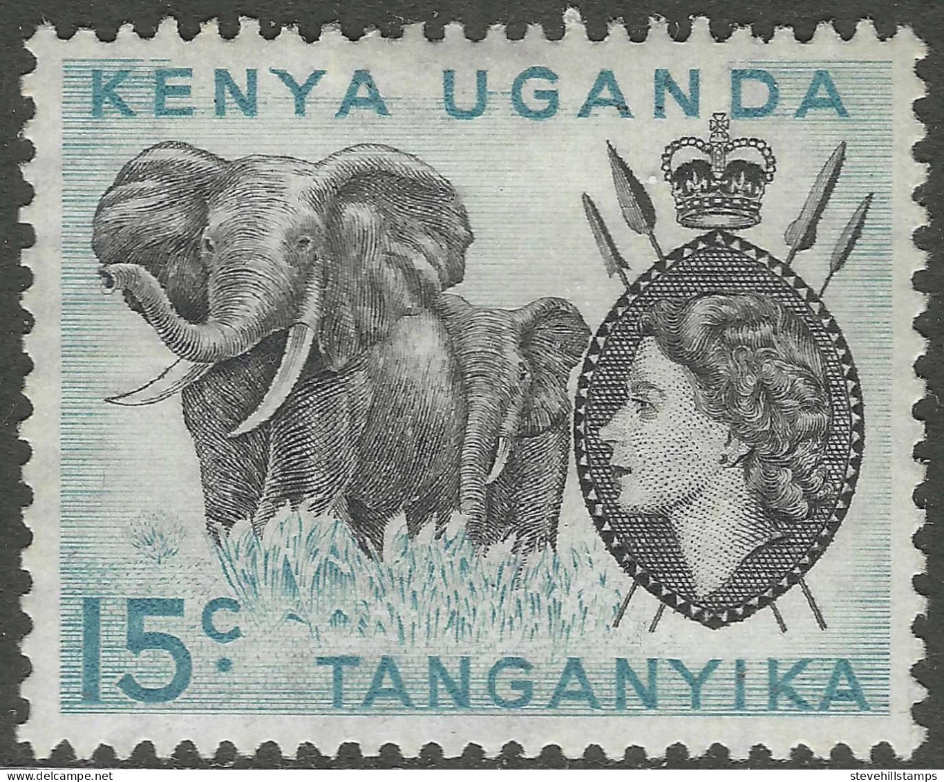 Kenya, Uganda & Tanganyika. 1954-59 QEII. 15c With Stop MH. SG 169a - Kenya, Uganda & Tanganyika