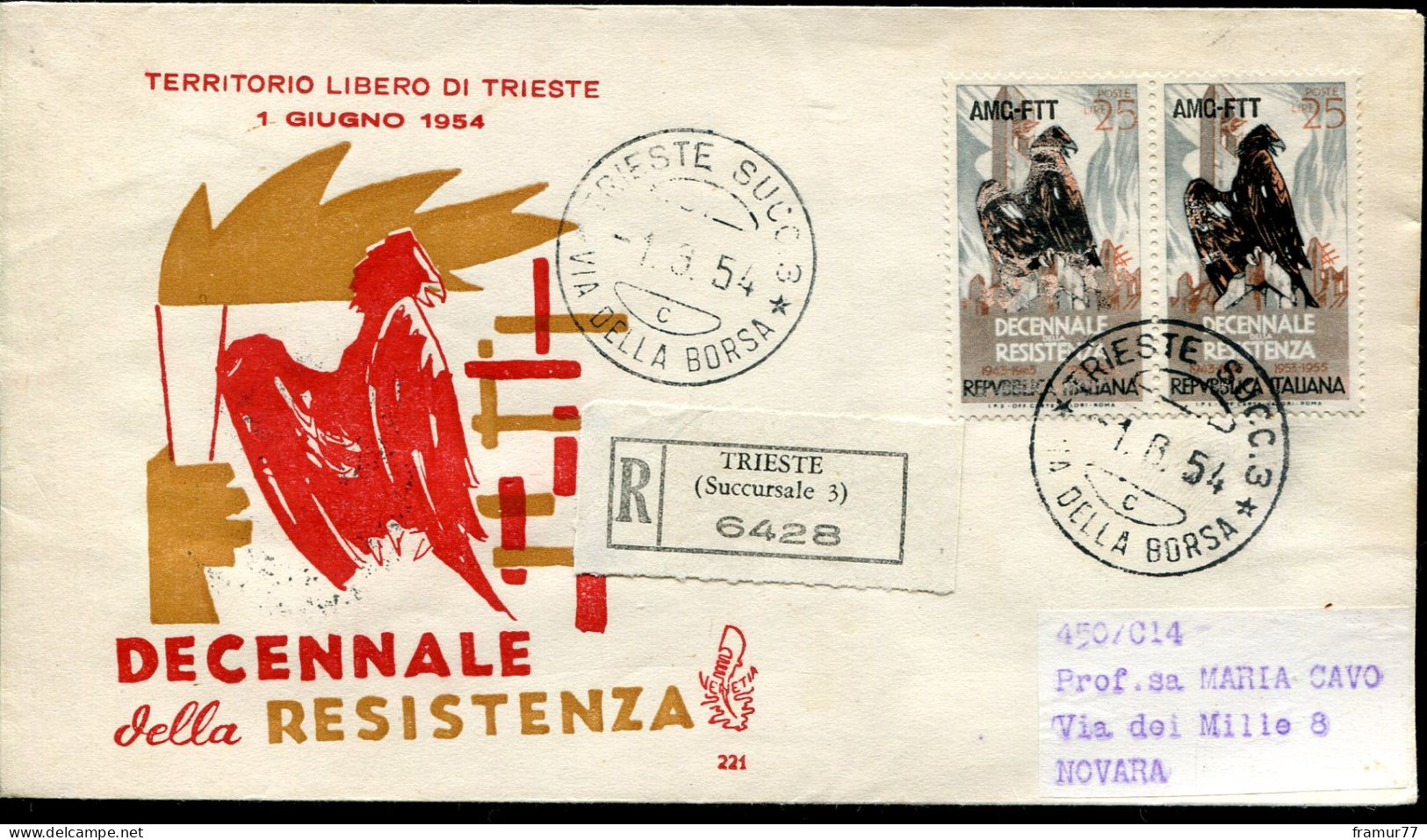FDC Trieste - VENETIA Raccomandata 1954 Resistenza - Marcofilía