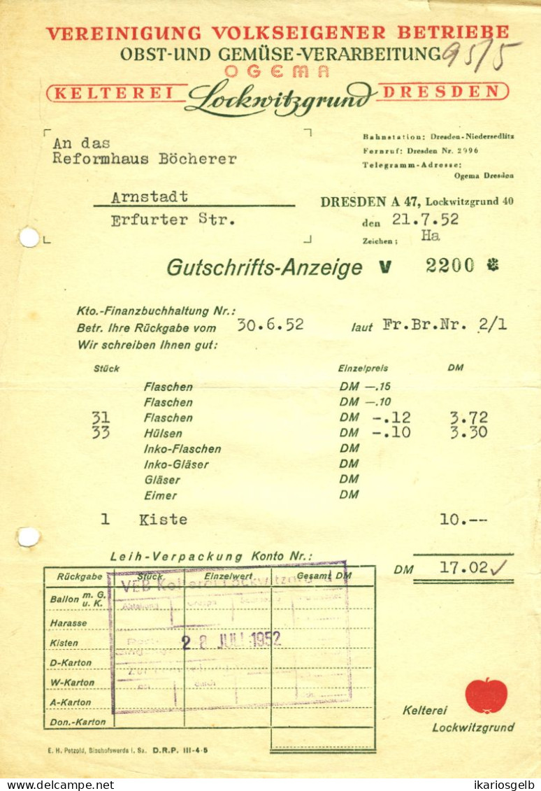 LOCKWITZGRUND Dresden DDR Rechnung 1952 " VEB Obst- U. Gemüseverarbeitung, Kelterei " - Alimentare