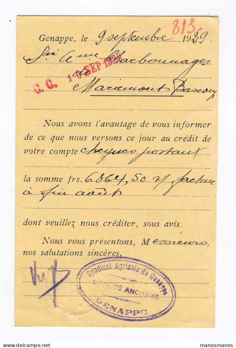 Carte Privée TP Lion Héraldique GENAPPE 1929 - Entete Illustrée Syndicat Agricole De GENAPPE  --  2961 - 1929-1937 Heraldieke Leeuw