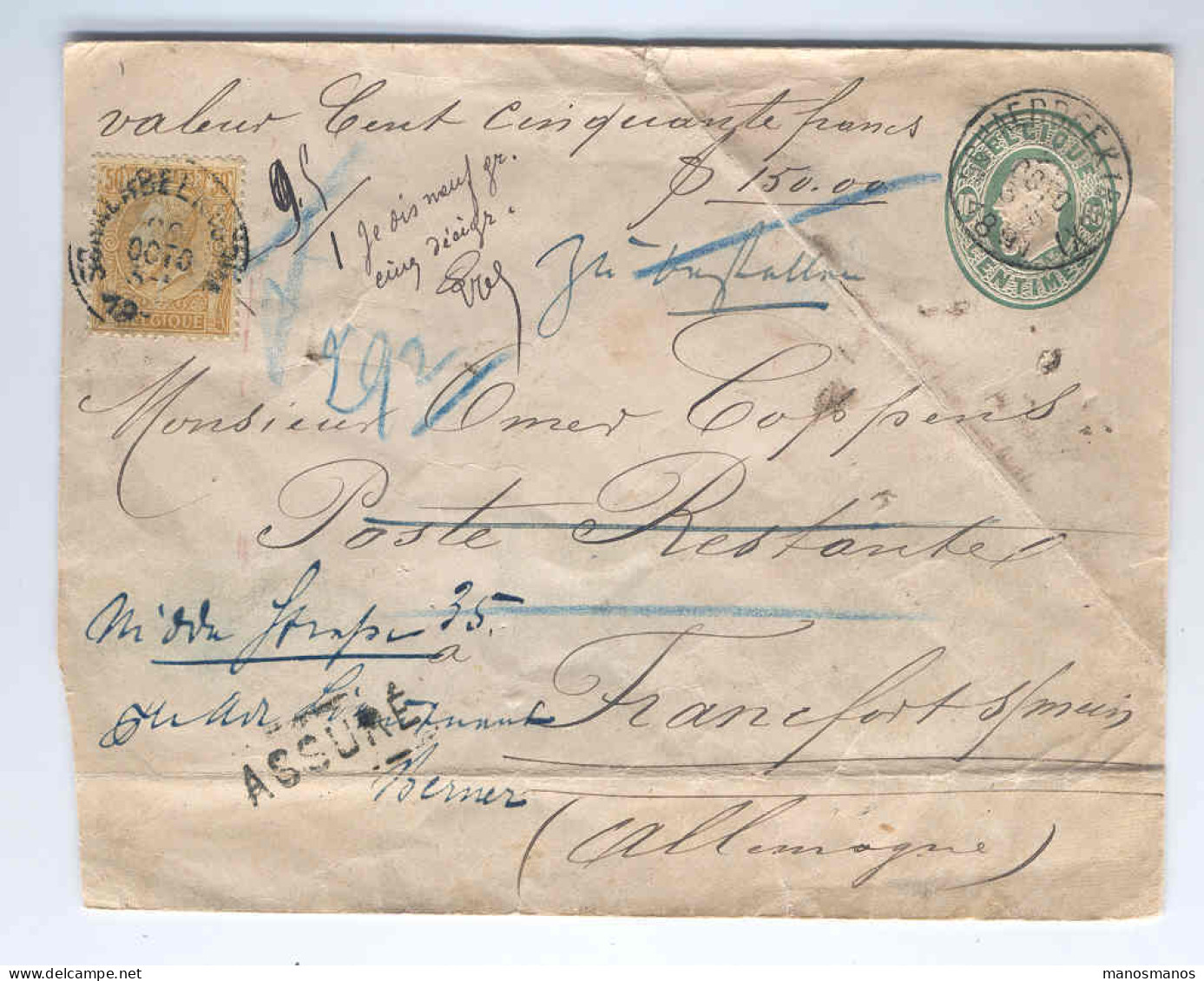 Entier Enveloppe Avec No 50  En ASSURE SCHAERBEEK Vers Allemagne 1891   --   2872 - Covers