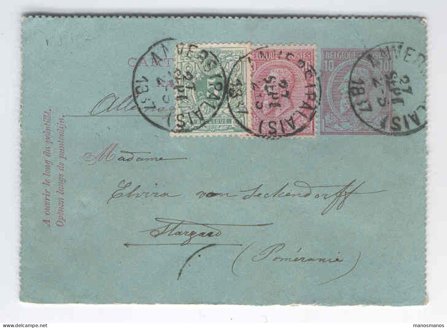 Entier Carte-Lettre Timbre No 46  + Compléments ANVERS PALAIS Vers Allemagne 1887 - Tarif UPU 25 C  --  2727 - Letter-Cards