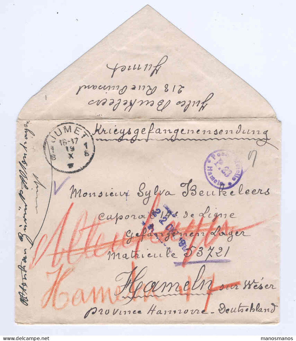 Lettre 1917 JUMET 1 B Vers Prisonnier De Guerre HAMELN Cachet Du Camp  --  2989 - Krijgsgevangenen