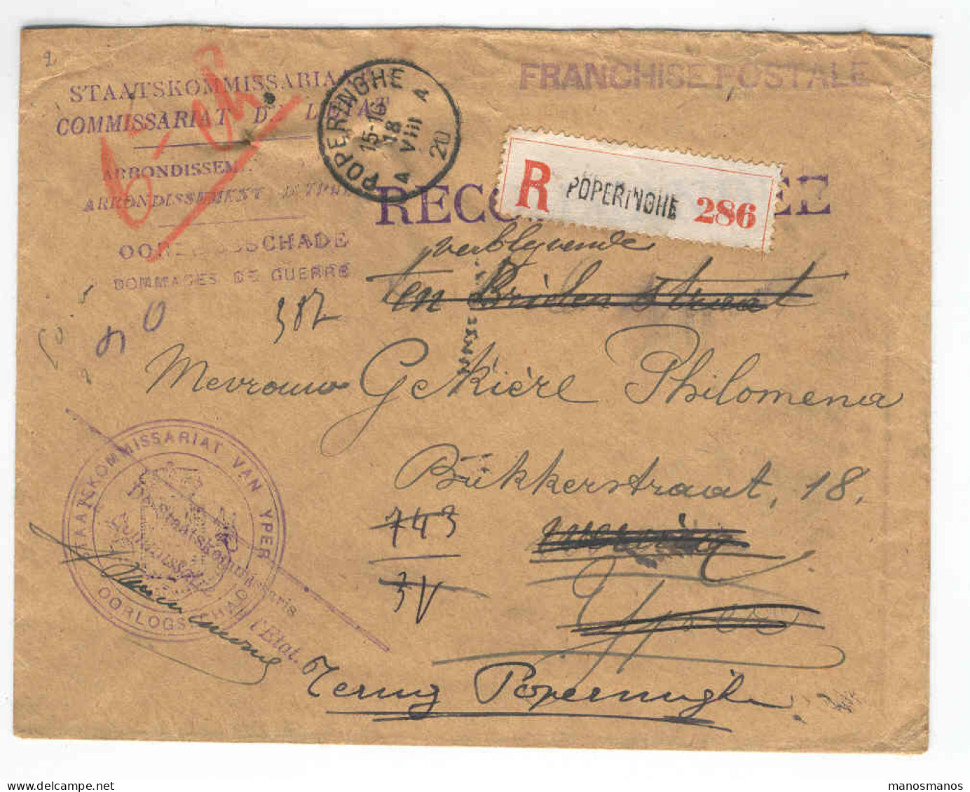 Lettre Reco FRANCHISE 1920 Vers YPRES , WERVICQ Et Retour -- TB Verso  --  2482 - Portofreiheit