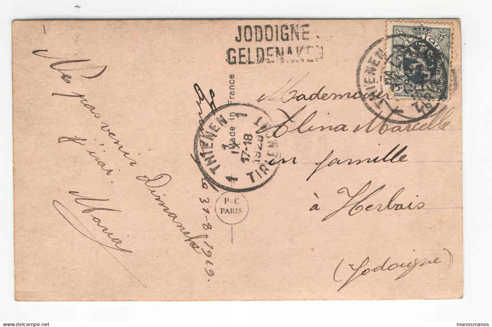 Carte Lion Héraldique 5 C 1929 THIENEN Griffe Linéaire Bilingue JODOIGNE  --  2262 - 1929-1937 Leone Araldico