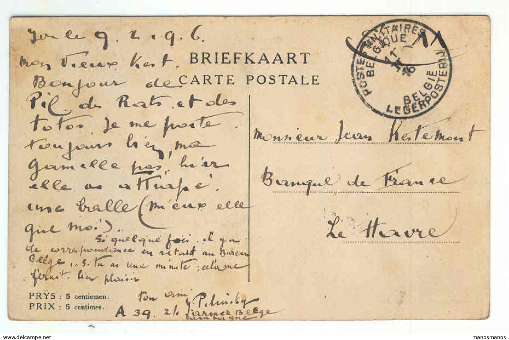 Carte Dessinée Dans Les Tranchées De L'YSER - Postes Militaires Belges 1916 Vers Le Havre - ZONE NON OCCUPEE  --  2288 - Not Occupied Zone