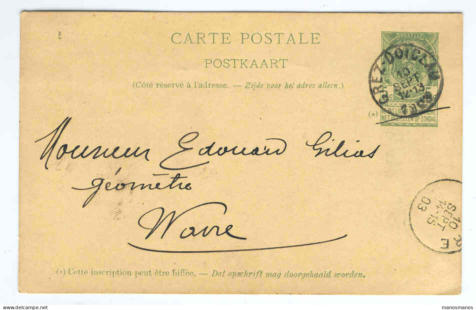 Entier 5 C Cachet Simple Cercle GREZ DOICEAU 1903 Vers WAVRE Cachet Notaire BEAUTHIER --  2238 - Cartes Postales 1871-1909