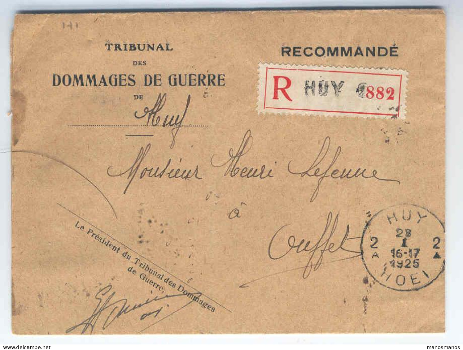 Lettre RECO En FRANCHISE HUY 2  1925 Tribunal Dommages De Guerre  --  2130 - Zonder Portkosten