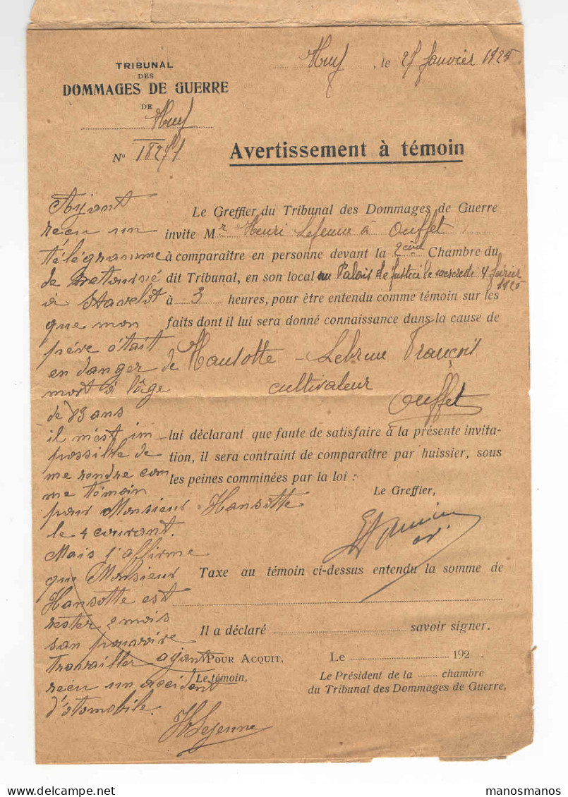 Lettre RECO En FRANCHISE HUY 2  1925 Tribunal Dommages De Guerre  --  2130 - Franchise