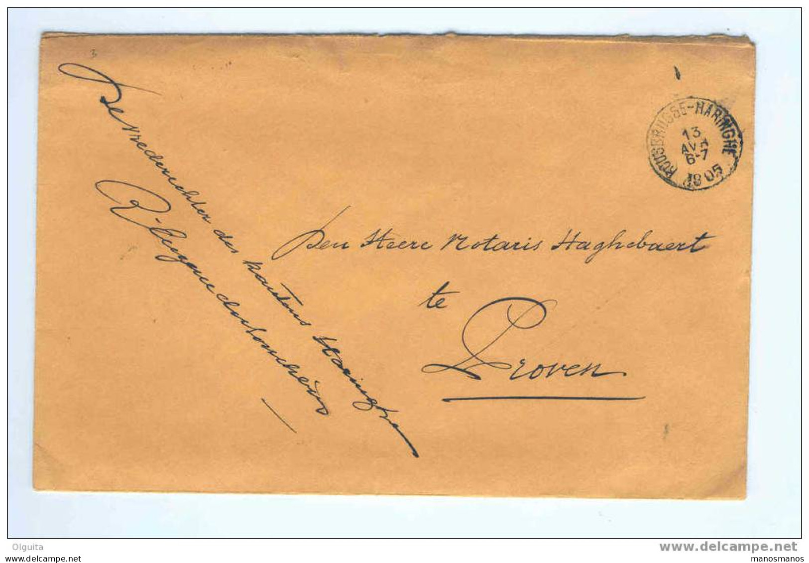 Lettre De Service En Franchise Vrederechter ROUSBRUGGHE HARINGHE 1905 Vers Notaire à PROVEN Cachet RELAIS  --  6/260 - Zonder Portkosten