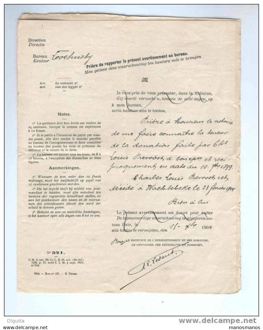 Lettre De Service En Franchise Receveur Enregistrement LOOCHRISTY 1904 Vers Notaire à WACHTEBEKE   --  6/262 - Franchise