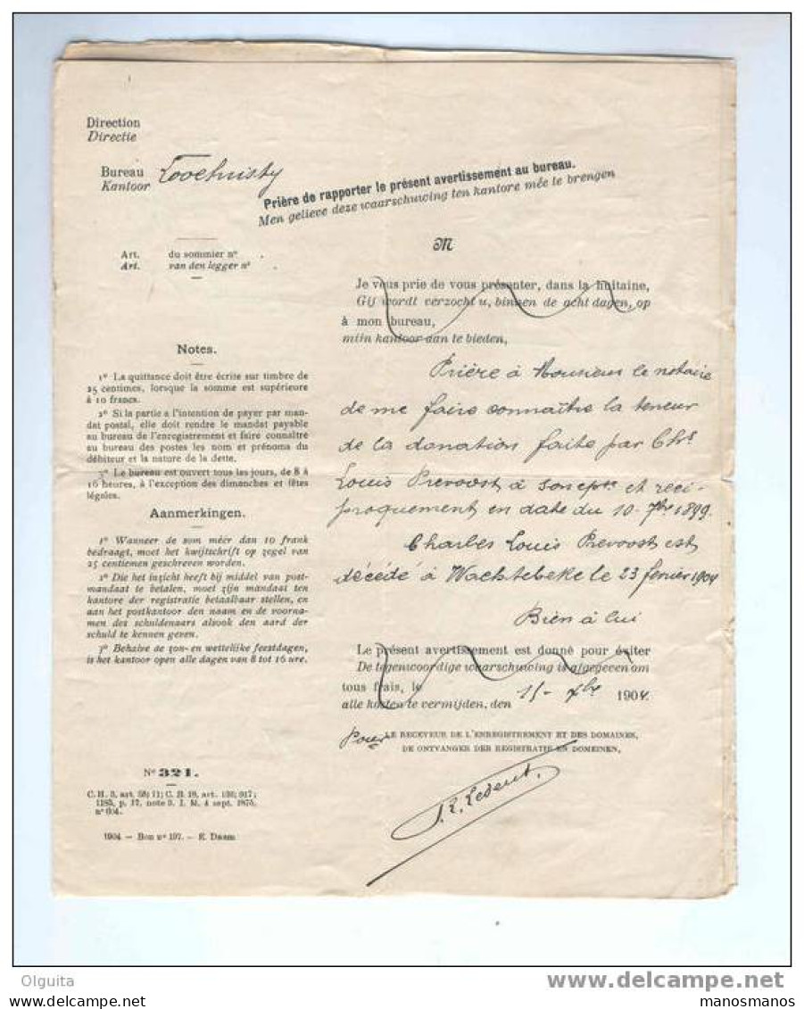 Lettre De Service En Franchise Receveur Enregistrement LOOCHRISTY 1904 Vers Notaire à WACHTEBEKE   --  6/262 - Zonder Portkosten