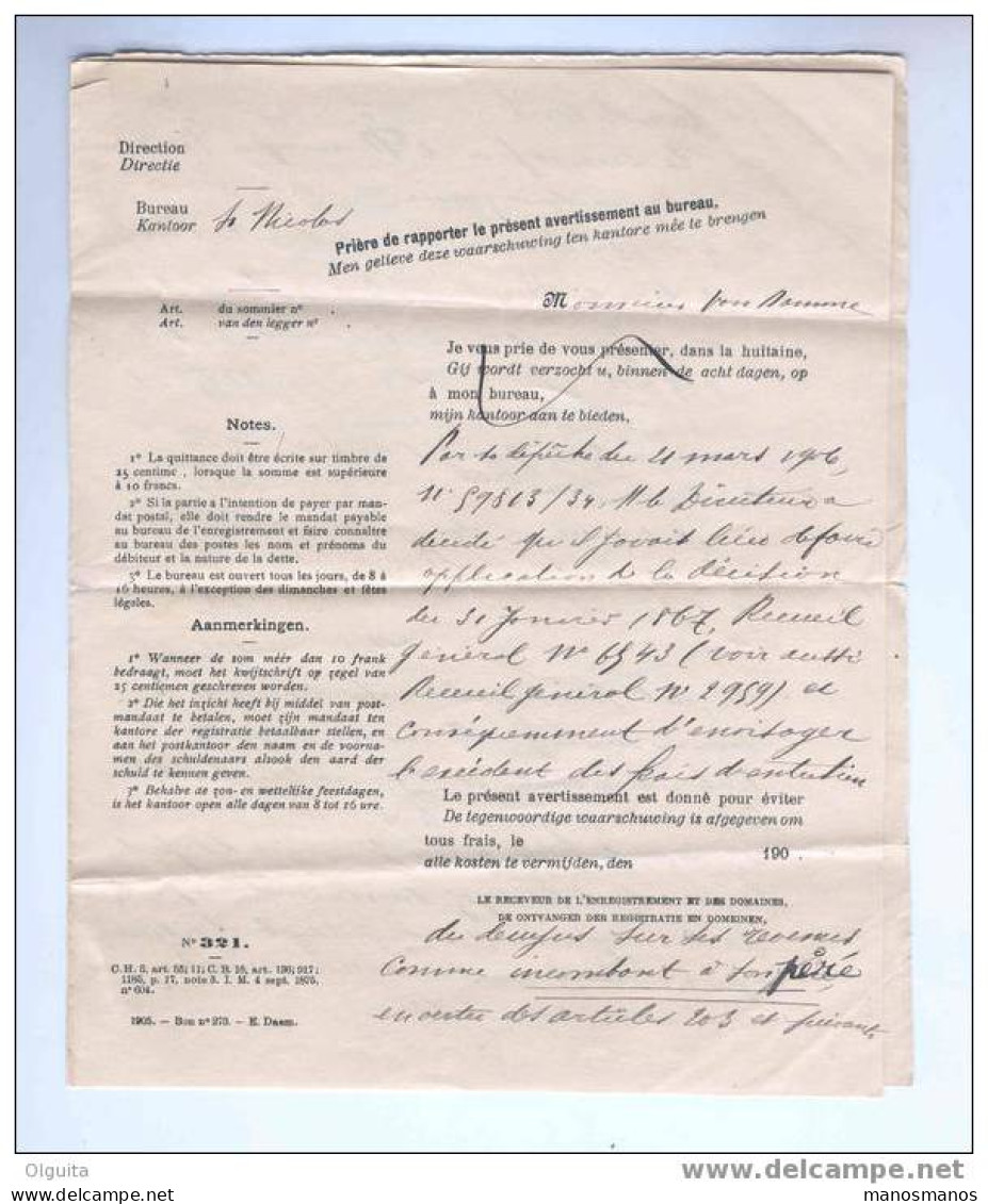 Lettre De Service En Franchise Receveur Enregistrement ST NICOLAS 1906 Vers Notaire à WACHTEBEKE   --  6/261 - Portofreiheit