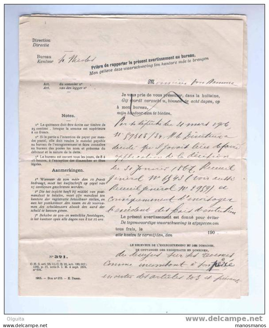 Lettre De Service En Franchise Receveur Enregistrement ST NICOLAS 1906 Vers Notaire à WACHTEBEKE   --  6/261 - Zonder Portkosten