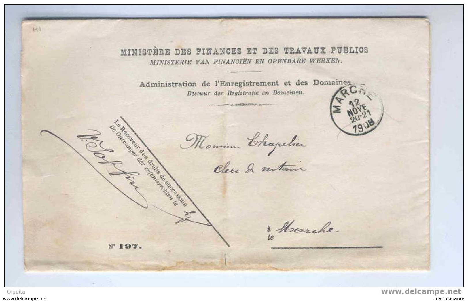 Lettre De Service En Franchise Receveur Des Successions MARCHE 1908 Vers Notaire En Local  --  6/259 - Franchise