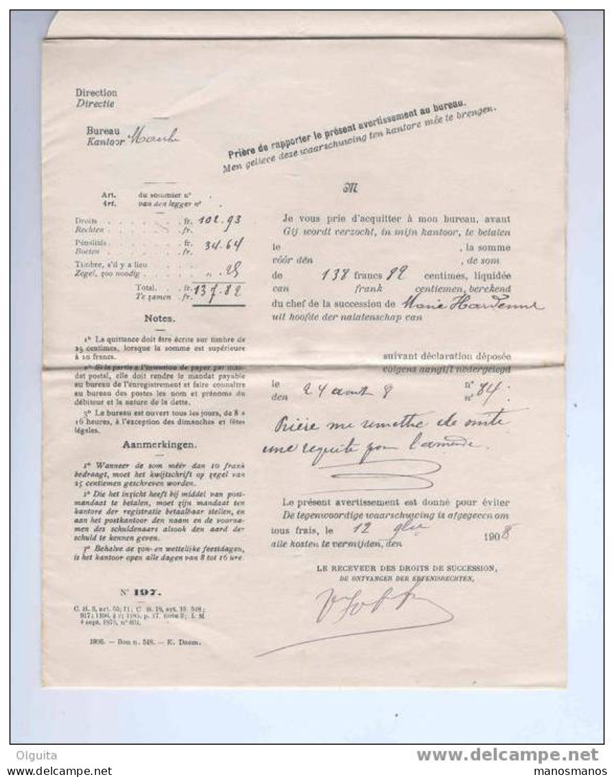 Lettre De Service En Franchise Receveur Des Successions MARCHE 1908 Vers Notaire En Local  --  6/259 - Franchise