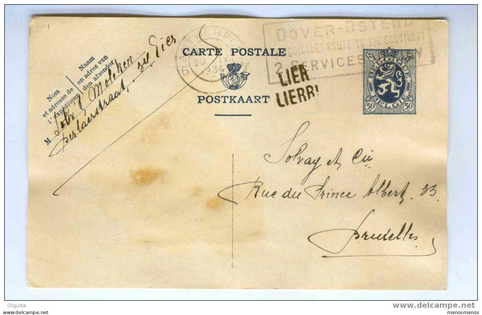 Entier Lion Héraldique ANVERS 1934  - Griffe Origine Bilingue LIER LIERRE  --  6 /084 - Cartes Postales 1909-1934