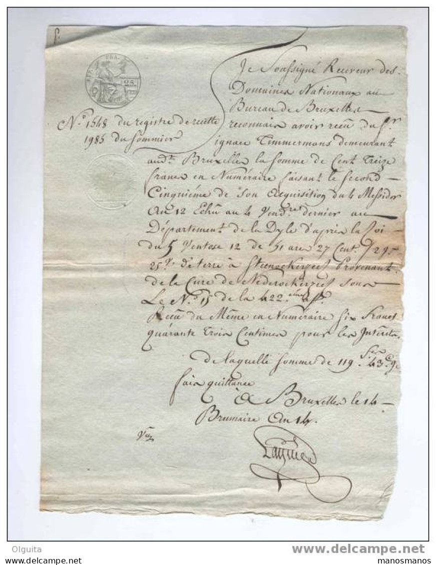 Reçu S/Papier Fiscal BRUXELLES Vente D'une Terre à STEENOKKERZEEL (Cure De NEDEROCKERZEEL)  --  6 /051 - 1794-1814 (Période Française)