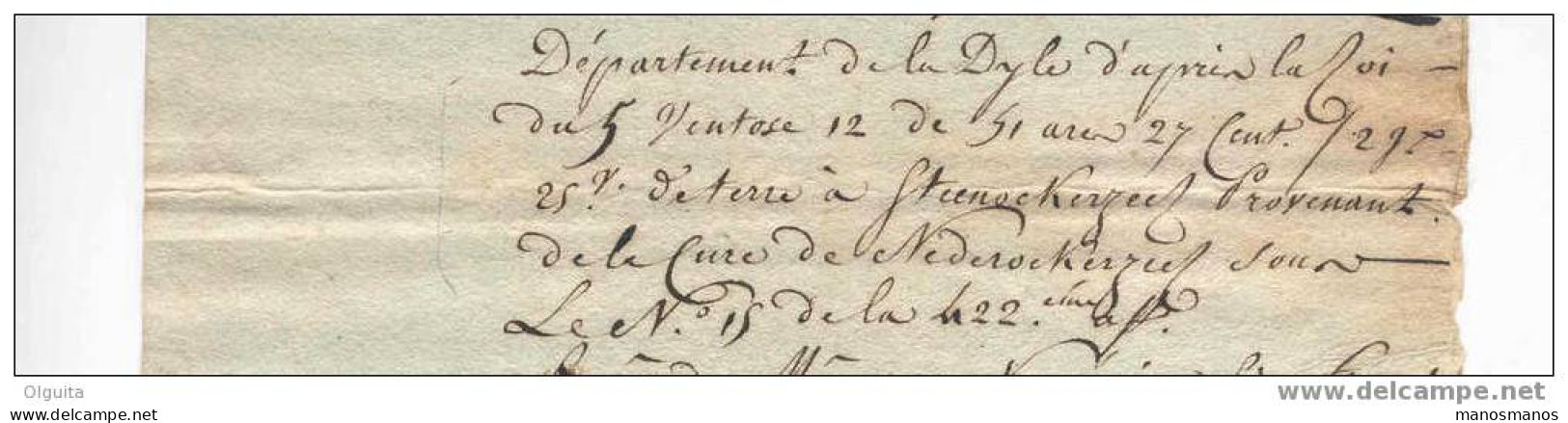 Reçu S/Papier Fiscal BRUXELLES Vente D'une Terre à STEENOKKERZEEL (Cure De NEDEROCKERZEEL)  --  6 /051 - 1794-1814 (Periodo Frances)