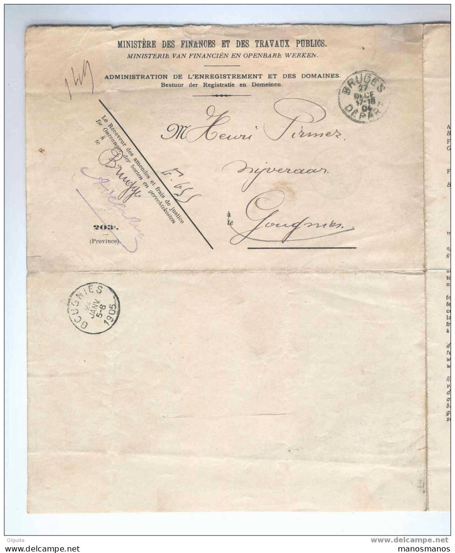 Lettre En Franchise BRUGES 1904 Vers GOUGNIES - TP Fine Barbe 10 C Pour Reçu D' Une Amende  --  6 /049 - Portofreiheit