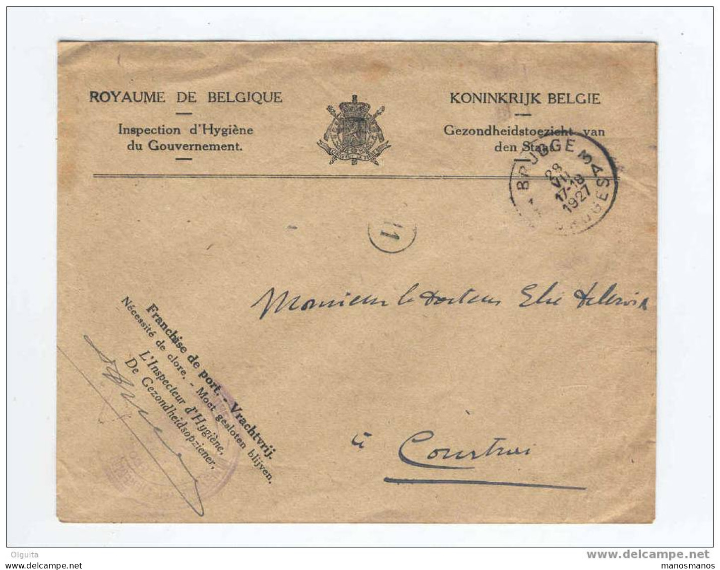 Lettre En Franchise De L'Inspecteur D'Hygiène BRUGES 1927 Vers Le Docteur Delcroix à COURTRAI  --  5/353 - Franchise