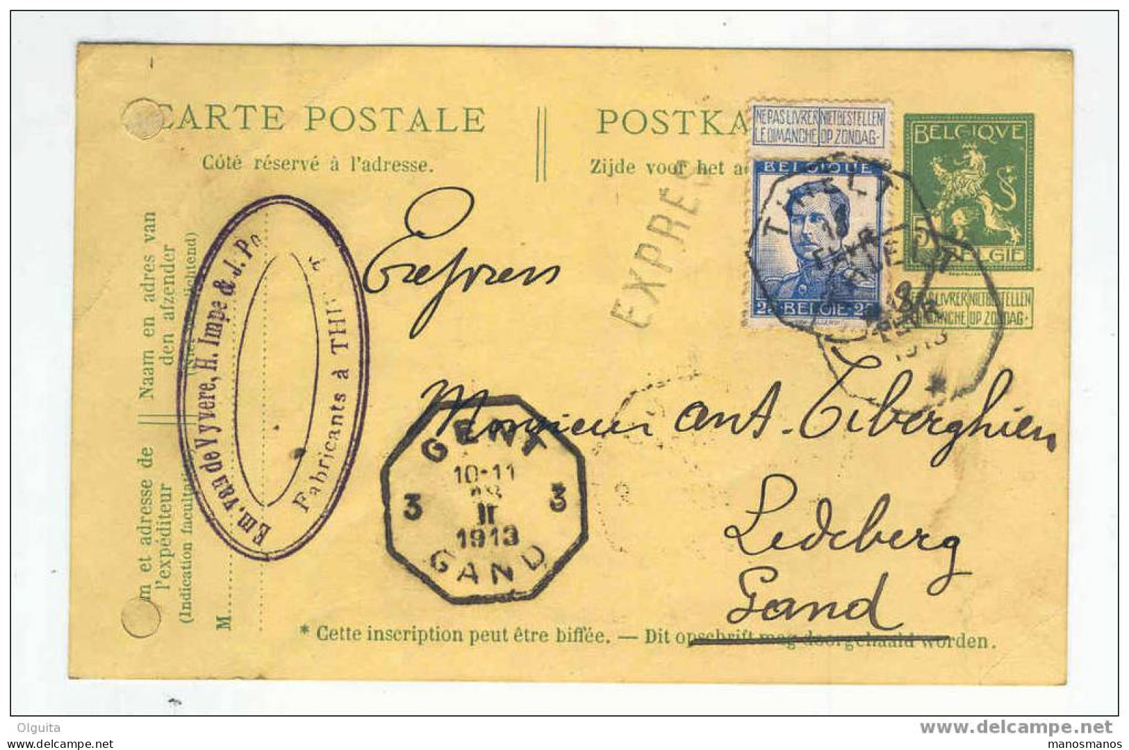 Entier 5 C + 25 C Pellens En EXPRES (Griffe) Télég. THIELT 1913 à LEDEBERG - Trous De Perfos Réparés --  5/301 - Postcards 1909-1934
