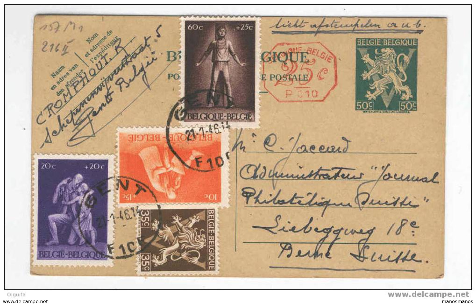 Entier Carte Postale Lion V Avec TP Prisonniers TARIF EXACT 2 F GENT 1946 Vers Suisse  --  5/051 - Cartes Postales 1934-1951