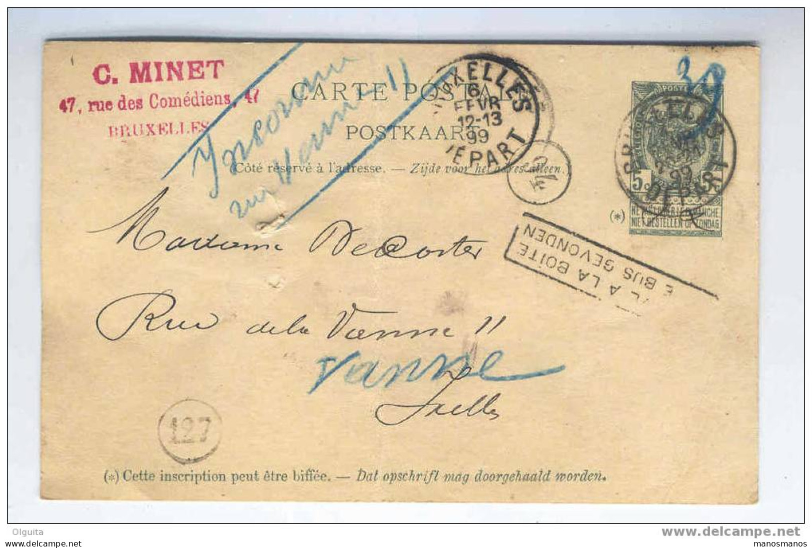 Entier Carte Postale 5 C Armoiries BRUXELLES En Ville 1899 - Inconnu Et Griffe Trouvé à La Boite  --  5/042 - Tarjetas 1871-1909