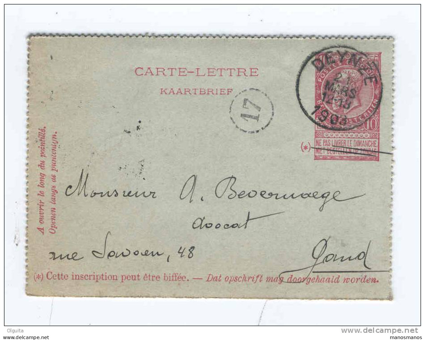 Carte-Lettre 10 C Fine Barbe DEYNZE 1903 Vers GAND - Signé Notaire Gommaerts  --  8/263 - Kartenbriefe