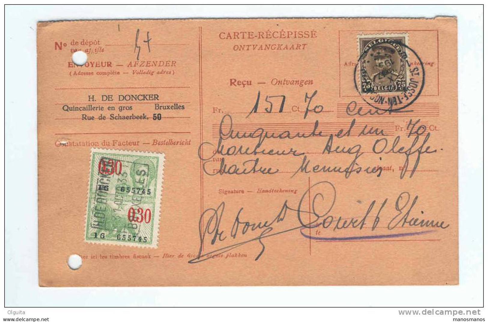 2 Cartes-Récépissés Képi 0.75 F ST JOSSE TEN NOODE 1 D / 1 E 1933/34 - H.De Doncker , Quincaillerie  --  8/234 - 1931-1934 Kepi