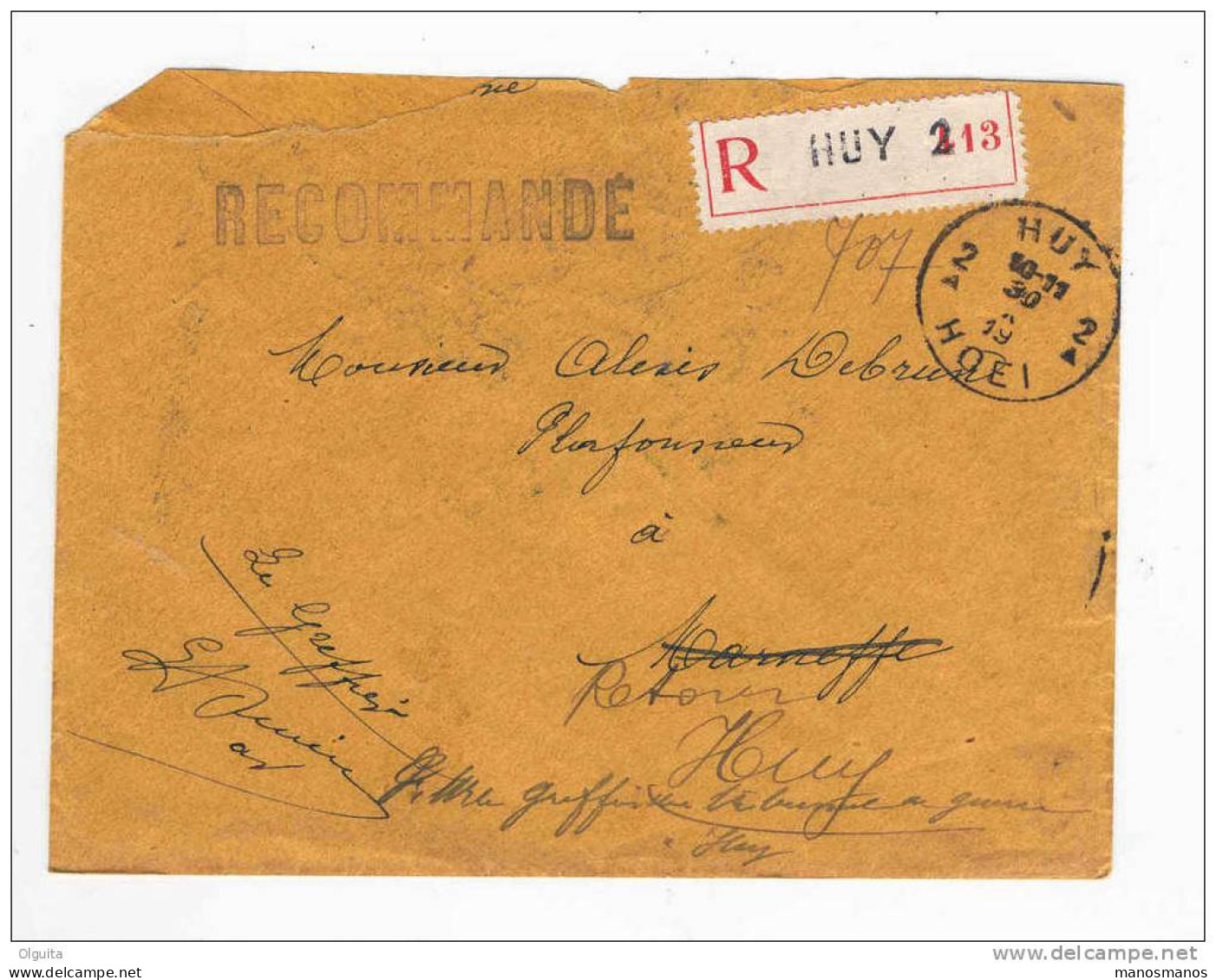 Lettre Recommandée En FRANCHISE TOTALE - HUY 2 1919 Vers MARNEFFE Et RETOUR - Verso Fortune HUCCORGNE Et HUY  --  8/241 - Franquicia