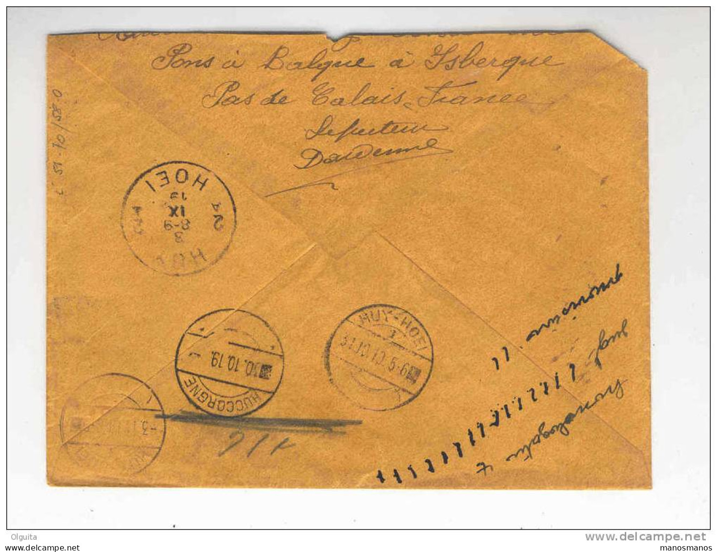 Lettre Recommandée En FRANCHISE TOTALE - HUY 2 1919 Vers MARNEFFE Et RETOUR - Verso Fortune HUCCORGNE Et HUY  --  8/241 - Franquicia