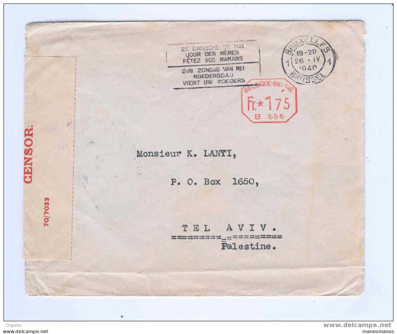 Lettre Affranchissement Mécanique BRUXELLES 1940 Vers TEL AVIV - Bande Et Cachet De Censure Palestine --  6/435 - Andere & Zonder Classificatie