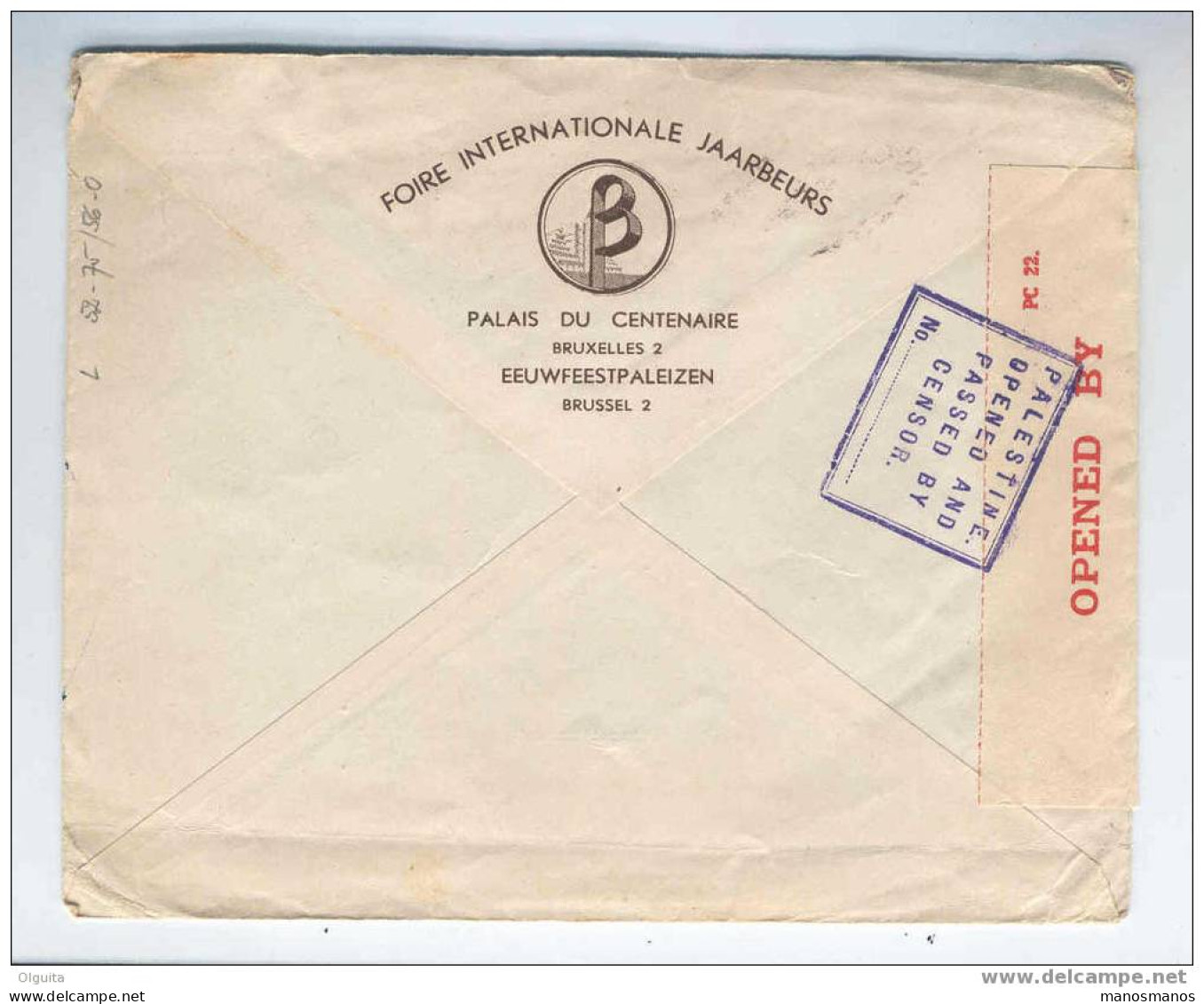 Lettre Affranchissement Mécanique BRUXELLES 1940 Vers TEL AVIV - Bande Et Cachet De Censure Palestine --  6/435 - Andere & Zonder Classificatie