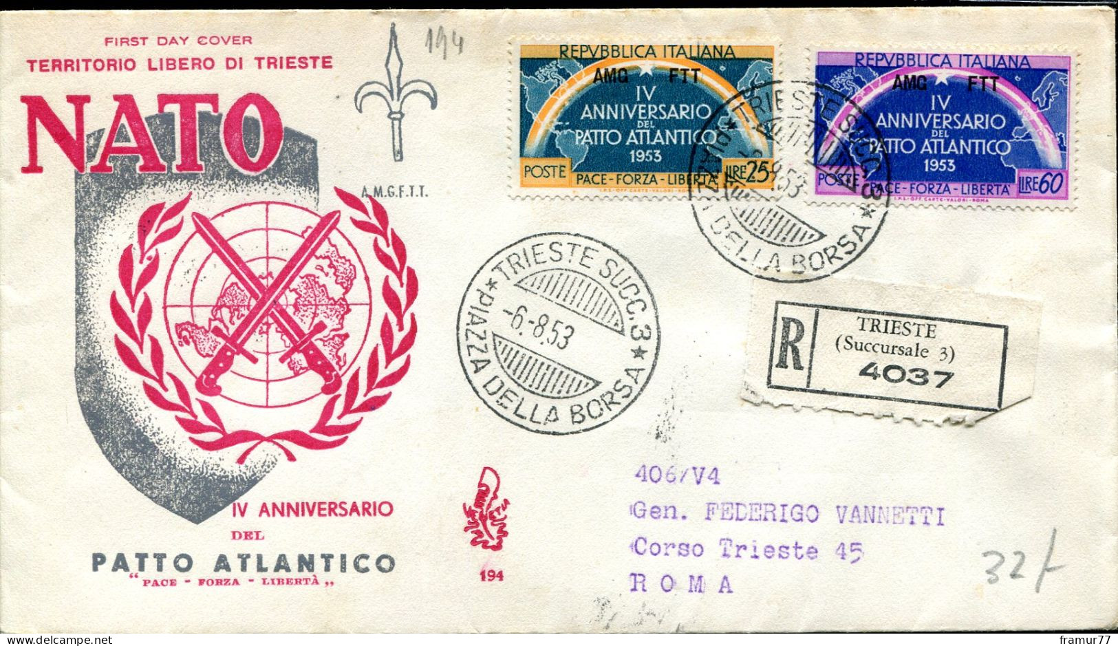 FDC Trieste - VENETIA  Raccomandata 1953 NATO - Marcofilie