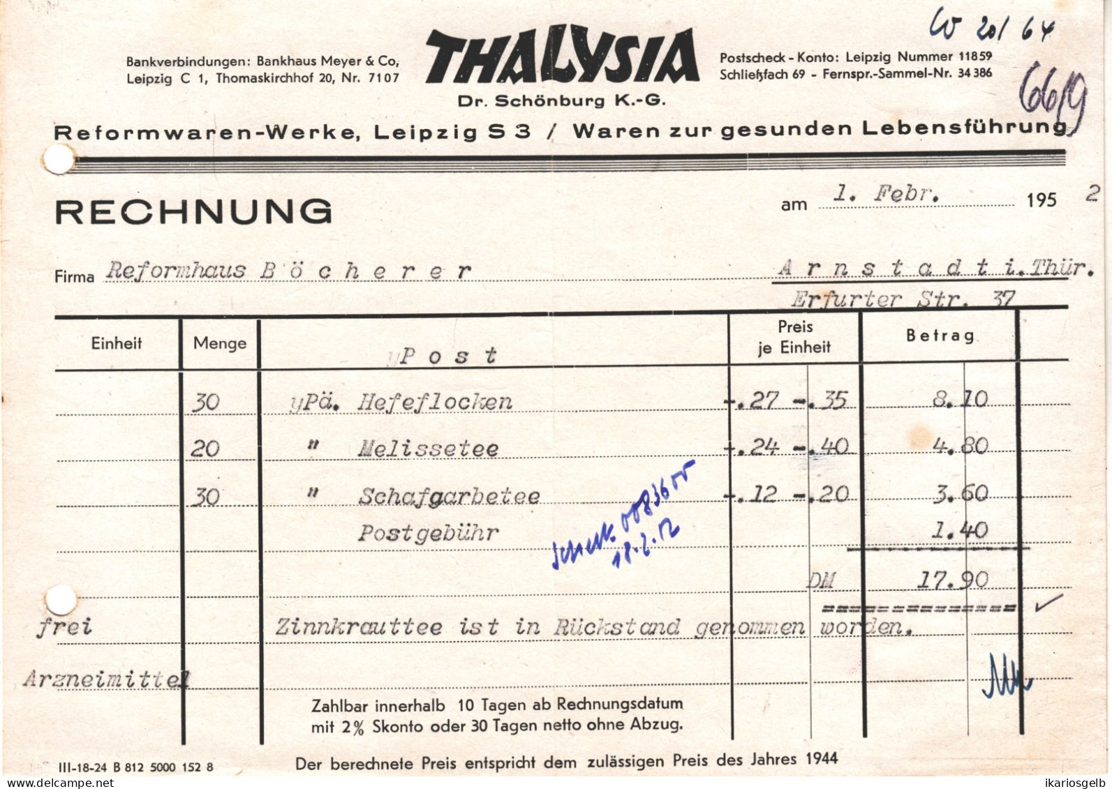 Leipzig DDR Rechnung 1952 " THALYSIA Dr Schönburg KG Reformwaren " - Drogisterij & Parfum