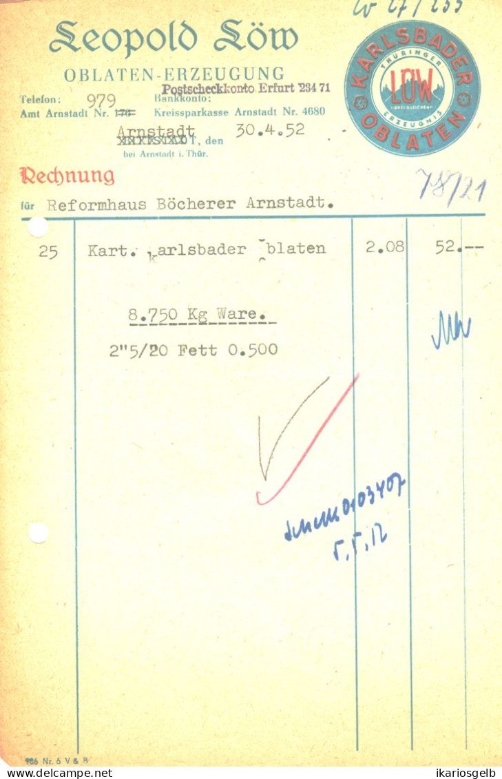 ARNSTADT Thüringen DDR Deko Rechnung 1952 " Leopold Lüw Karlsbader Oblaten Erzeugung " - Droguerie & Parfumerie