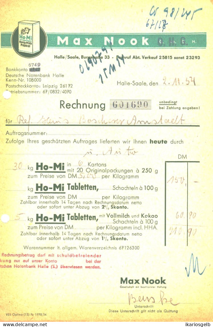 HALLE Saale DDR Deko Rechnung 1954 " Max Nook OHG Burgstr.33 Honigprodukte Reformwaren" - Alimentos