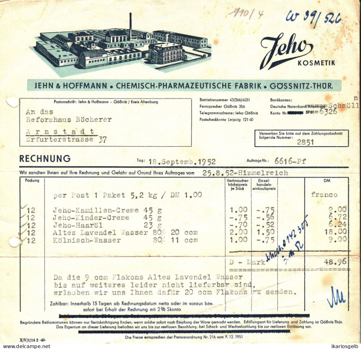 Gössnitz Thüringen DDR Deko Rechnung 1952 " JEHO Jehn&Hoffmann Pharmazeutische Fabrik Kosmetik " - Chemist's (drugstore) & Perfumery