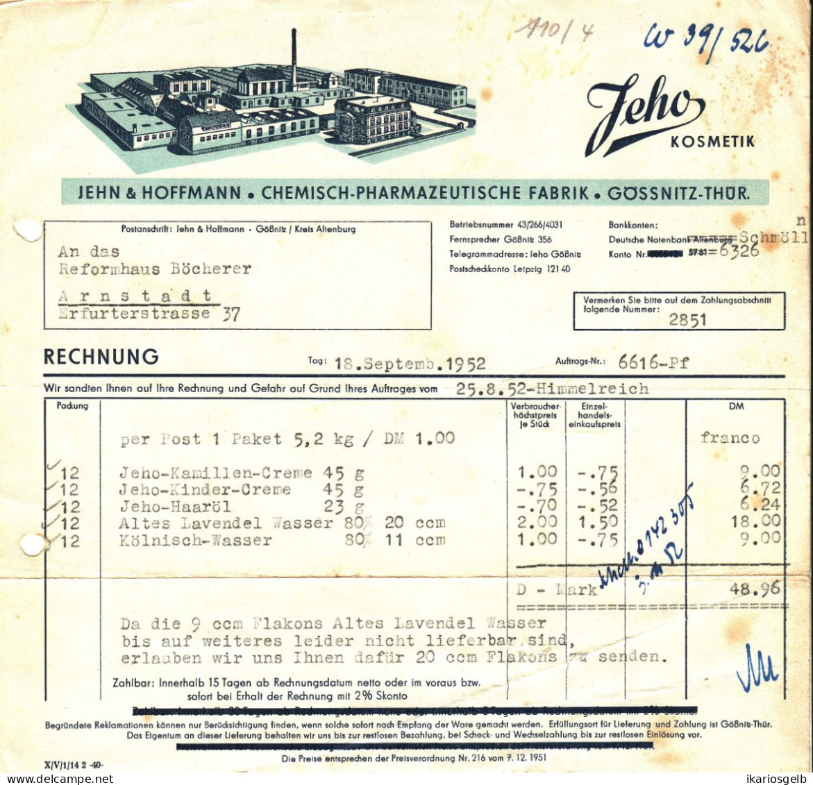 Gössnitz Thüringen DDR Deko Rechnung 1952 " JEHO Jehn&Hoffmann Pharmazeutische Fabrik Kosmetik " - Profumeria & Drogheria