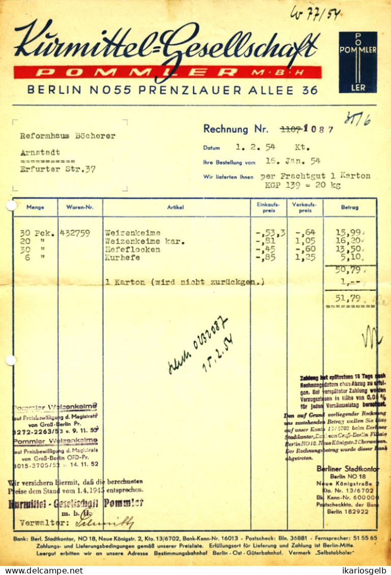 BERLIN NO55 DDR Deko Rechnung 1954 " POMMLER Kurmittel-Gesellschaft Prenzlauer Allee 36 " - Droguerie & Parfumerie