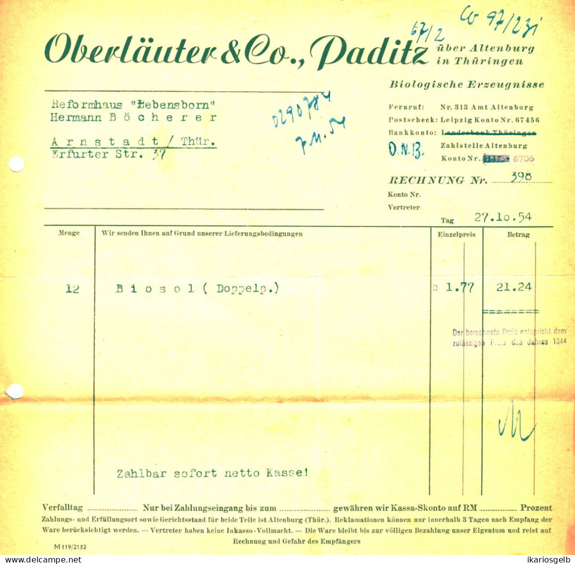PADITZ über Altenburg Thüringen DDR Deko Rechnung 1954 " Oberländer & Co Biologische Erzeugnisse " - Droguerie & Parfumerie