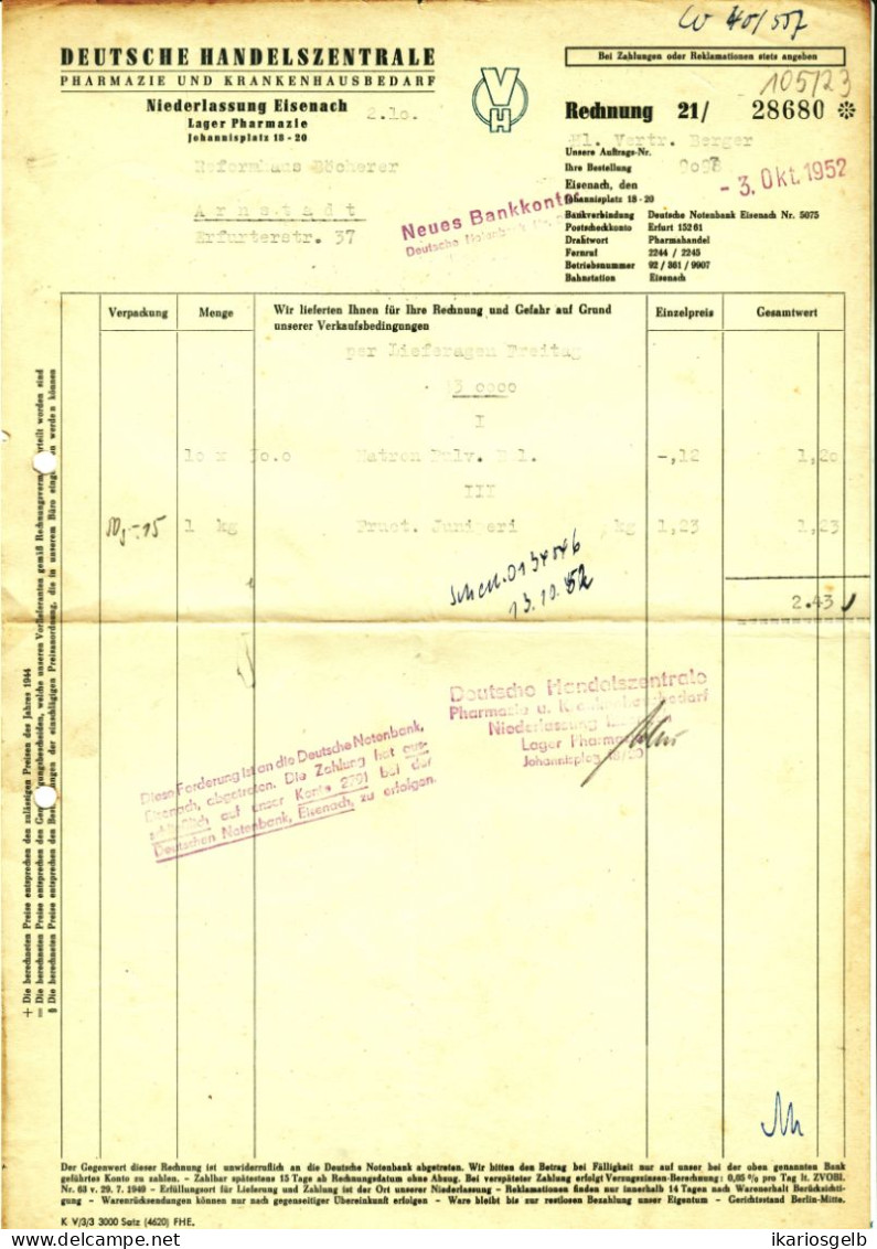 EISENACH Thüringen DDR Rechnung 1952 " Deutsche Handelszentrale Pharmazie U Krankenhausbedarf " - Drogerie & Parfümerie