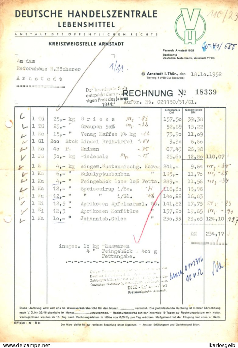 ARNSTADT Thüringen DDR Rechnung 1952 " Deutsche Handelszentrale Lebensmittel " - Alimentare