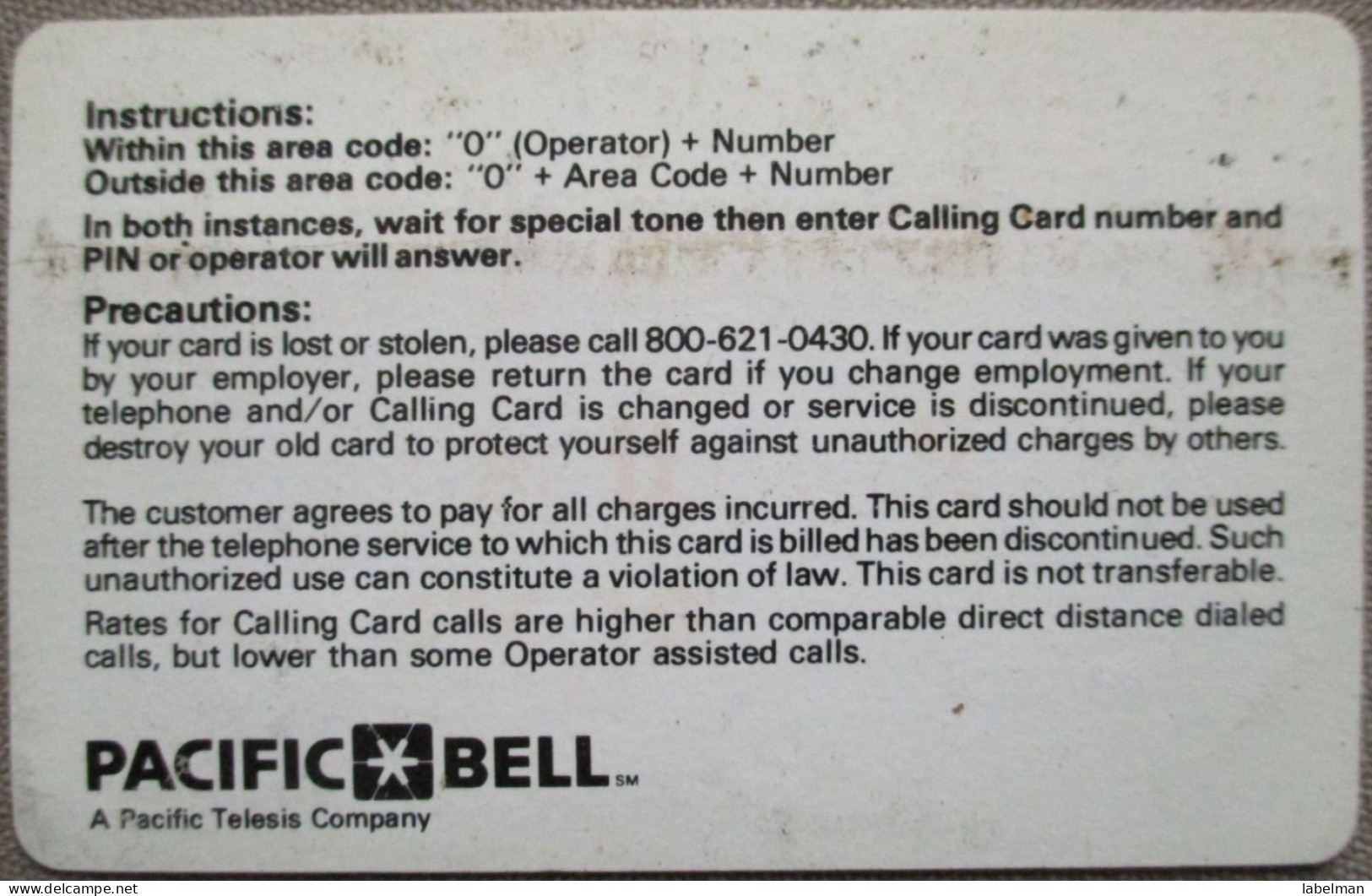 US USA PACIFIC BELL PELEPHONE TELEPHONE PHONE TELEFONWERTKARTE PHONECARD CARTELA CARD CARTE KARTE COLLECTOR TELECOM - Israel